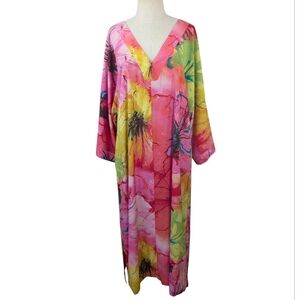 Natori Zip Garden Floral Polyester Kimono Caftan Tunic Maxi Dress. XL.